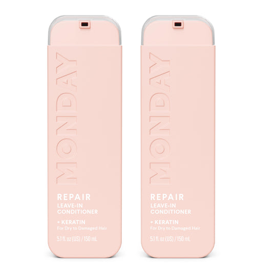 MONDAY HAIRCARE front packaging showing twin 5 oz bottles and product benefit