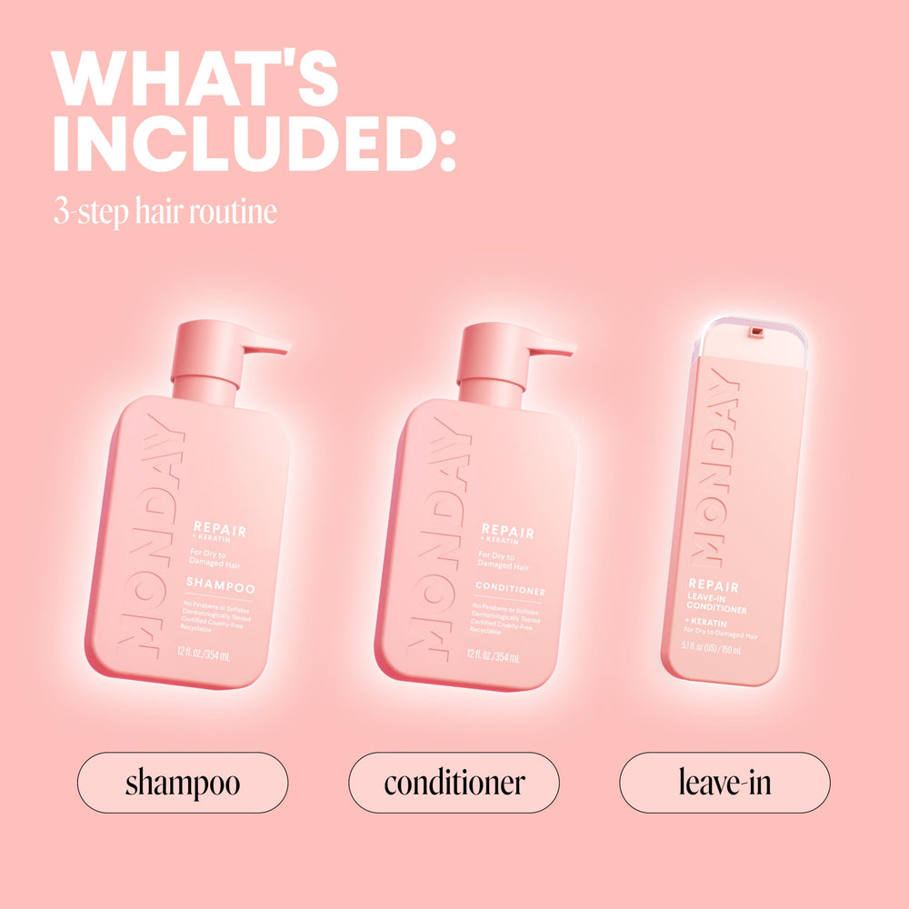 MONDAY HAIRCARE routine in hand by sink showing daily three-step convenience benefit