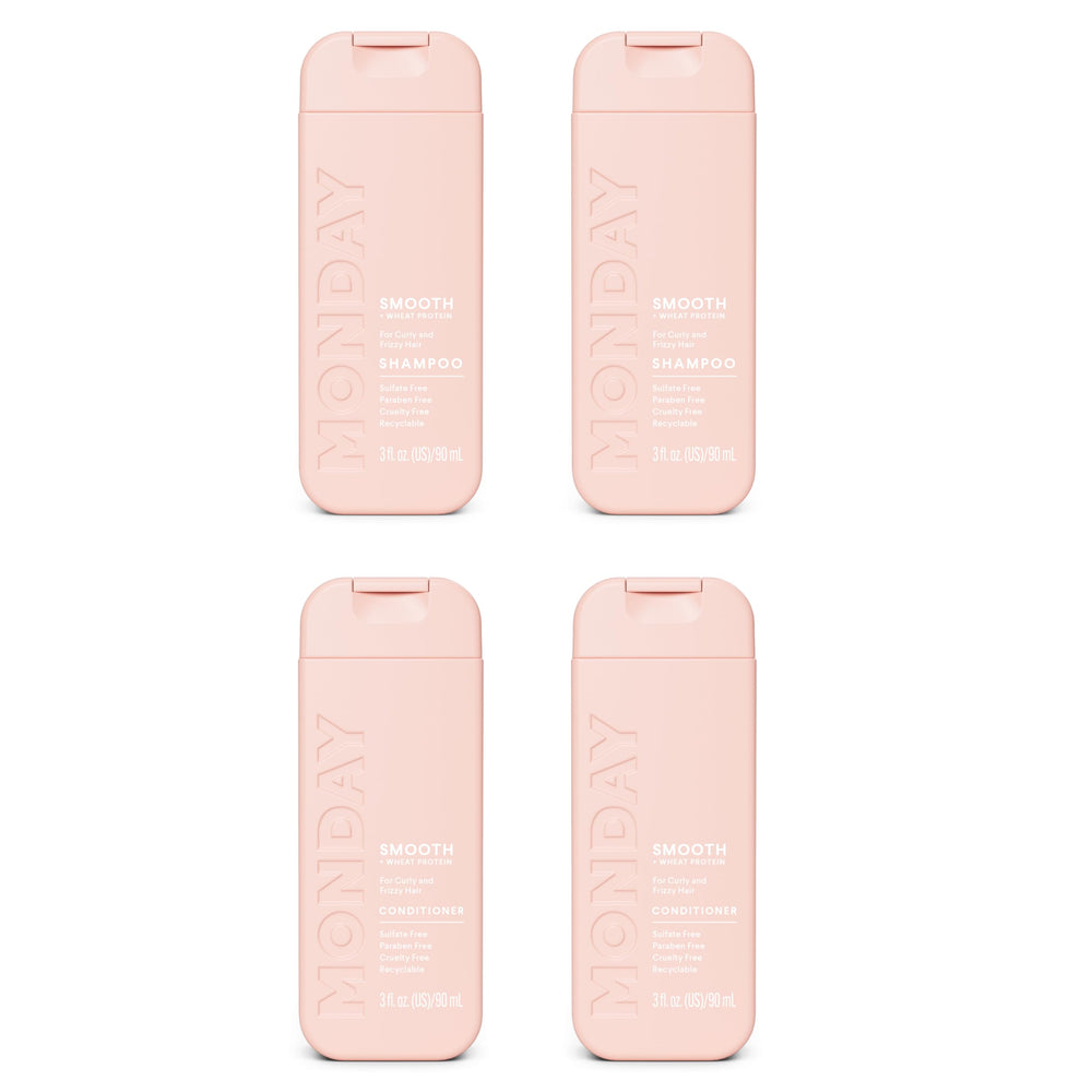 MONDAY Haircare front packaging showing smooth shampoo and conditioner, travel-friendly benefit
