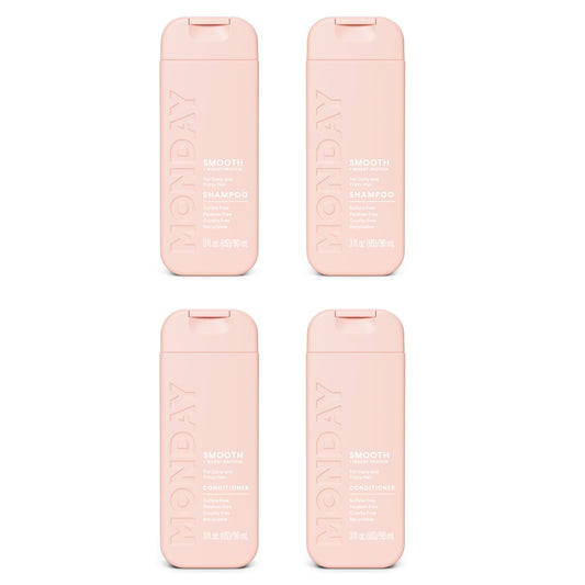 MONDAY Haircare front packaging showing smooth shampoo and conditioner, travel-friendly benefit