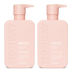 MONDAY HAIRCARE front packaging showing smooth duo and travel-friendly benefit