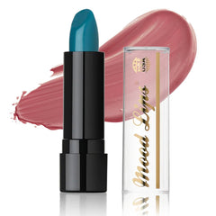 Mood Lips front packaging showing Blue shade and branding, highlights playful color
