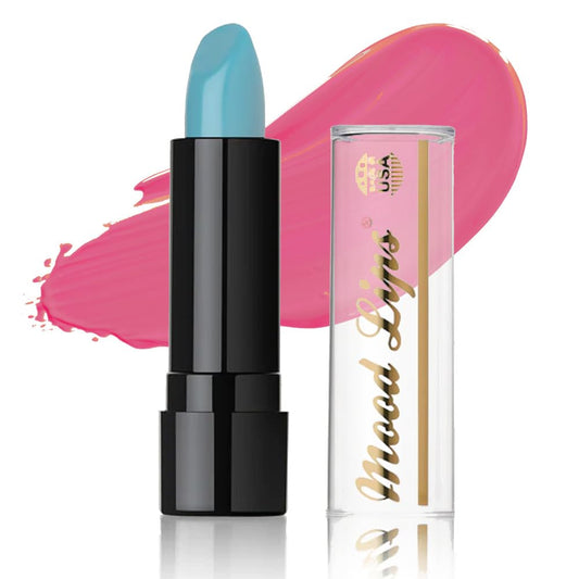 Mood Lips front packaging showing light blue tube and label, highlighting playful shade
