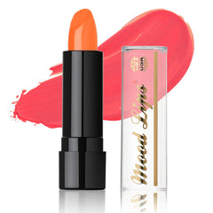 Mood Lips orange front twist-up tube showing product and brand for quick application