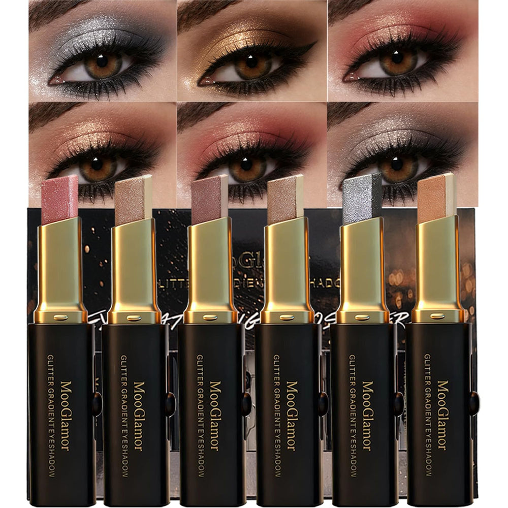 MooGlamor front packaging showing six glitter eyeshadow sticks for convenient gifting