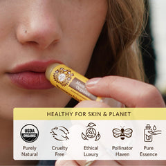 Moon Valley Organics application on lips demonstrating smooth hydration benefit