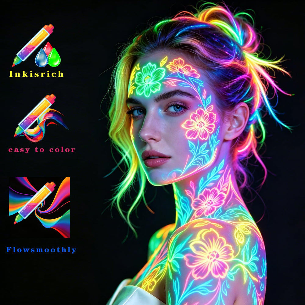 Moonear pigments glowing intensely under UV blacklight at party