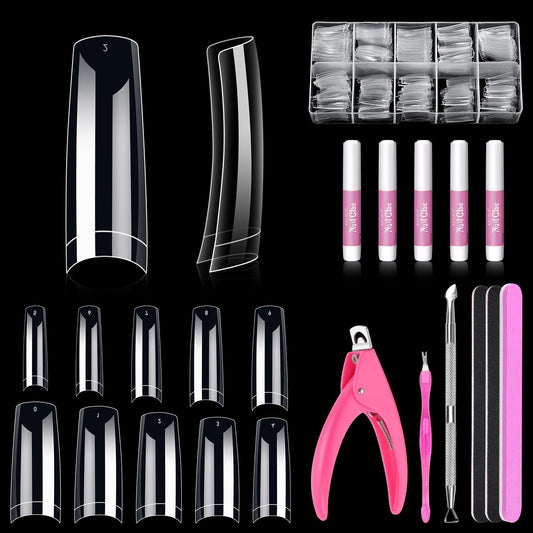MORGLES front packaging showing 500 clear tips and included tools, convenient kit benefit