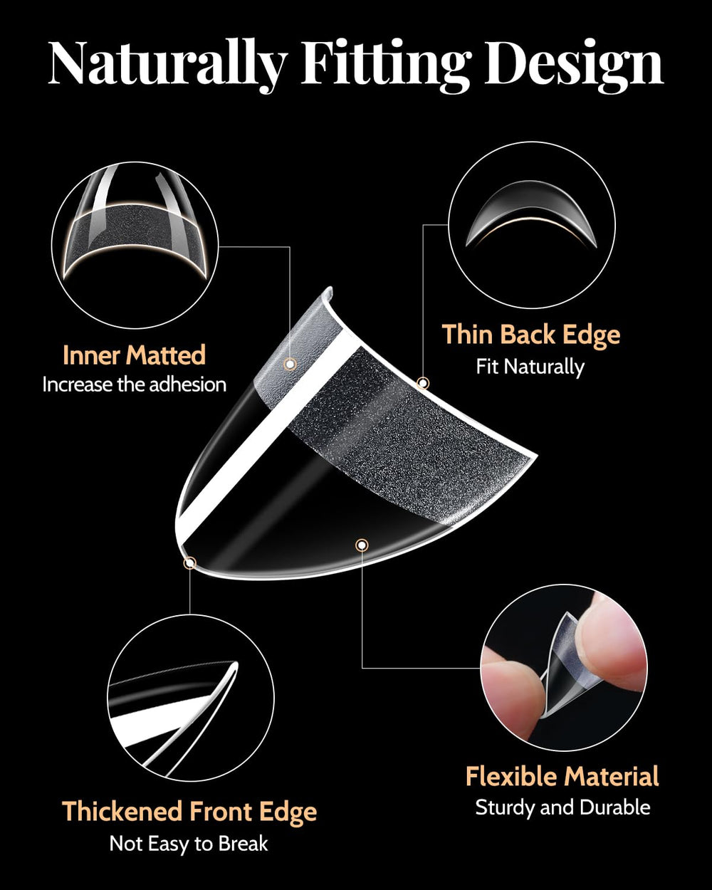 MORGLES close-up of almond tip curvature showing smooth edges and fit benefit