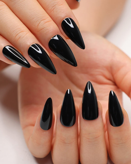 morily front packaging showing glossy black stiletto nails and neat layout, professional look