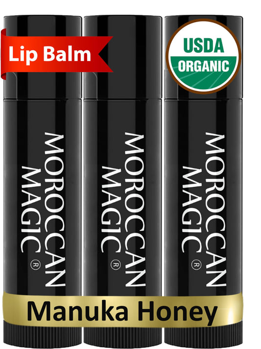 Moroccan Magic front packaging showing three lip balm tubes and natural branding benefit hydration
