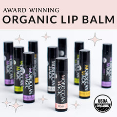 Moroccan Magic lip balm in a lifestyle bag showing portable, everyday convenience