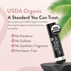 Moroccan Magic side label with USDA organic seal conveying certified purity