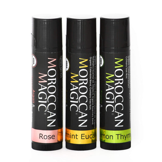 Moroccan Magic variety pack front view showing three lip balm tubes for versatile hydration