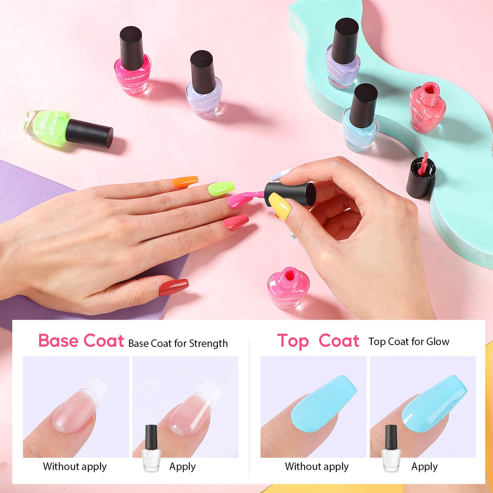 Morovan base and top coat bottles emphasizing glossy finish and longer wear benefit