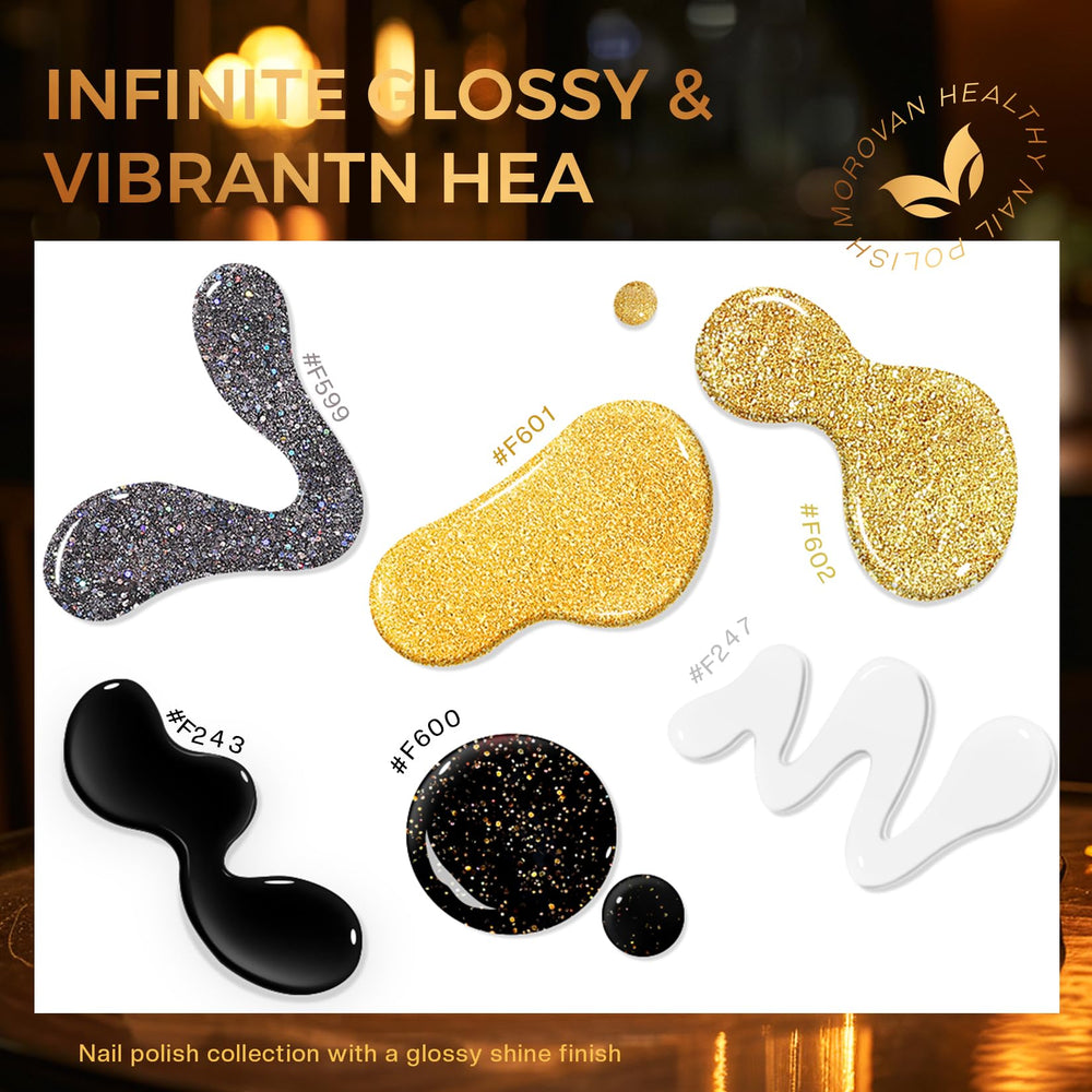 Morovan black and gold manicure detail showing depth and metallic shimmer
