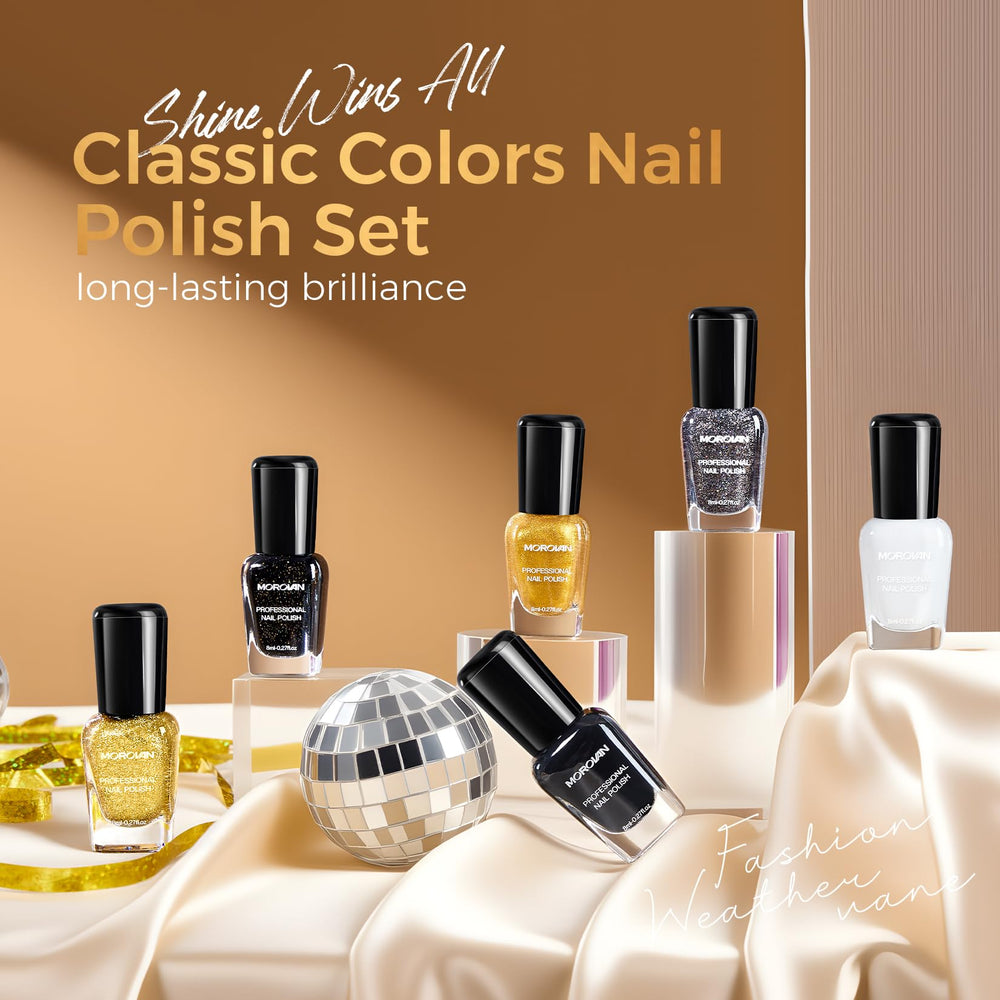 Morovan bottle close-up highlighting glossy black and white polish finish benefits