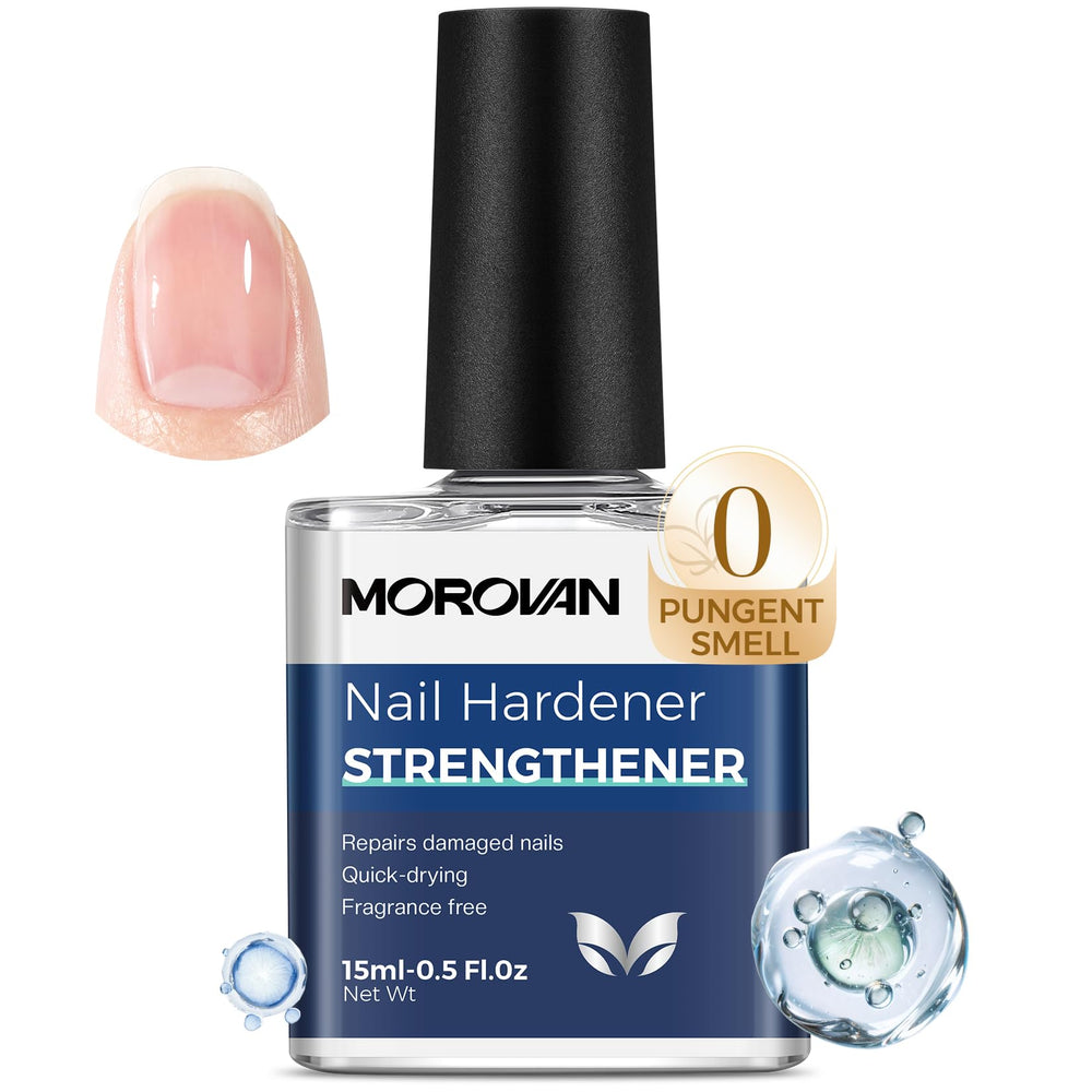 Morovan front bottle shot showing clear nail strengthener and polished finish benefit