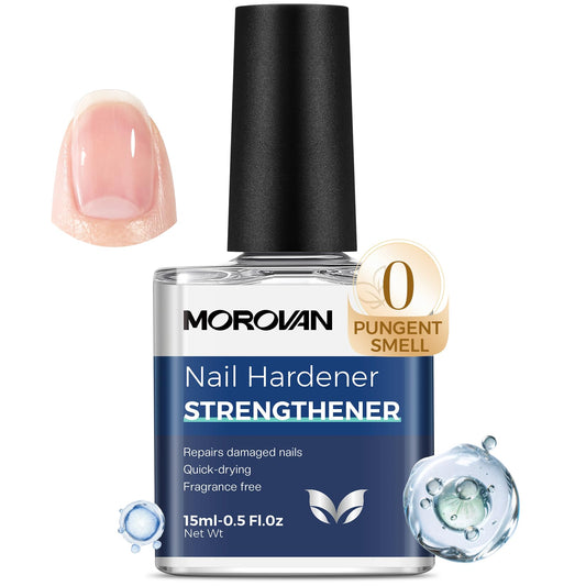 Morovan front bottle shot showing clear nail strengthener and polished finish benefit