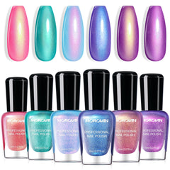 Morovan front packaging showing six iridescent ombre polish bottles and kit benefits