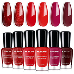 Morovan front packaging showing nine red polish bottles and labels, clear presentation benefit