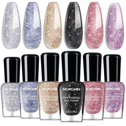 Morovan front packaging showing six-color glitter set and quick-dry benefit