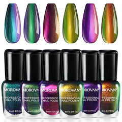 Morovan front packaging showing six holographic polish colors and set benefit