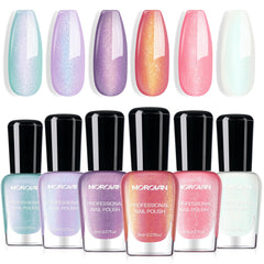 Morovan front packaging showing six pearlescent nail polish bottles and quick-dry benefit