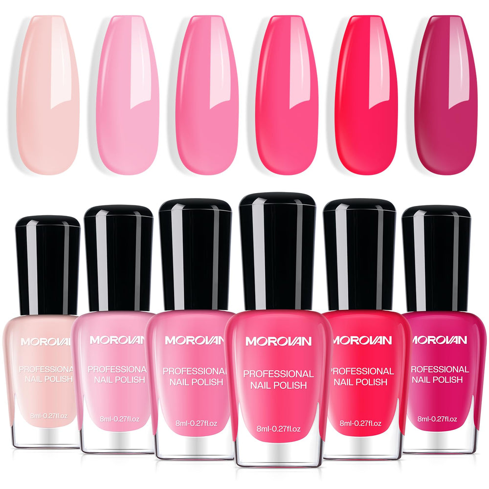 Morovan front packaging showing six pink nail polishes and gift-ready appeal