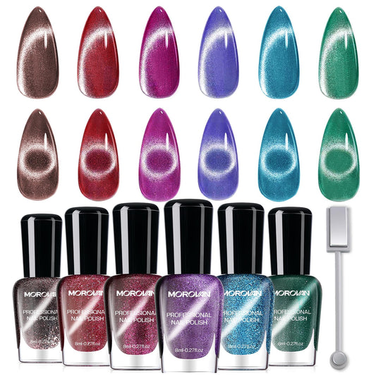 Morovan front packaging showing six glitter polishes and magnet for quick use