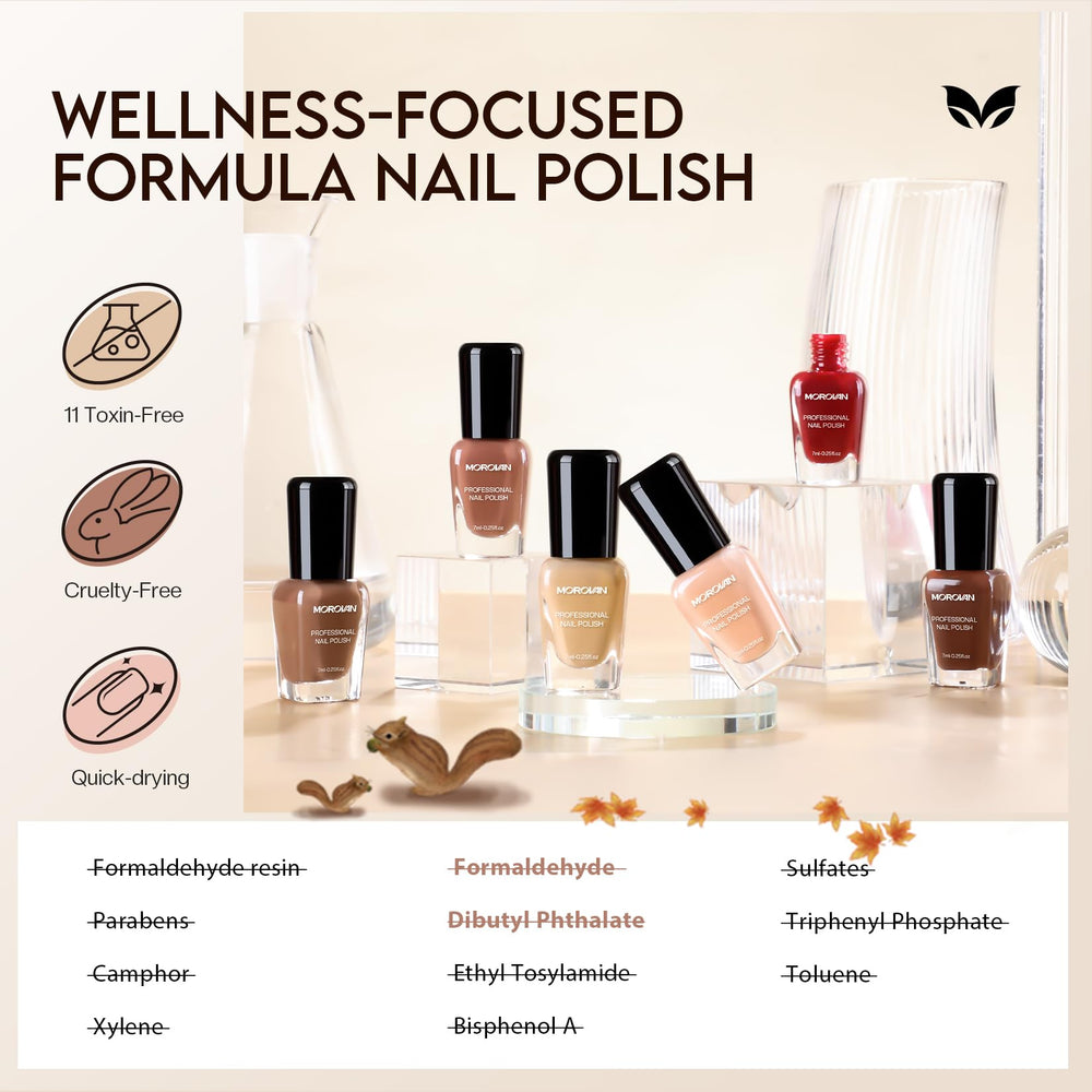 Morovan nails on model wearing autumn outfit showcasing wearable style benefit