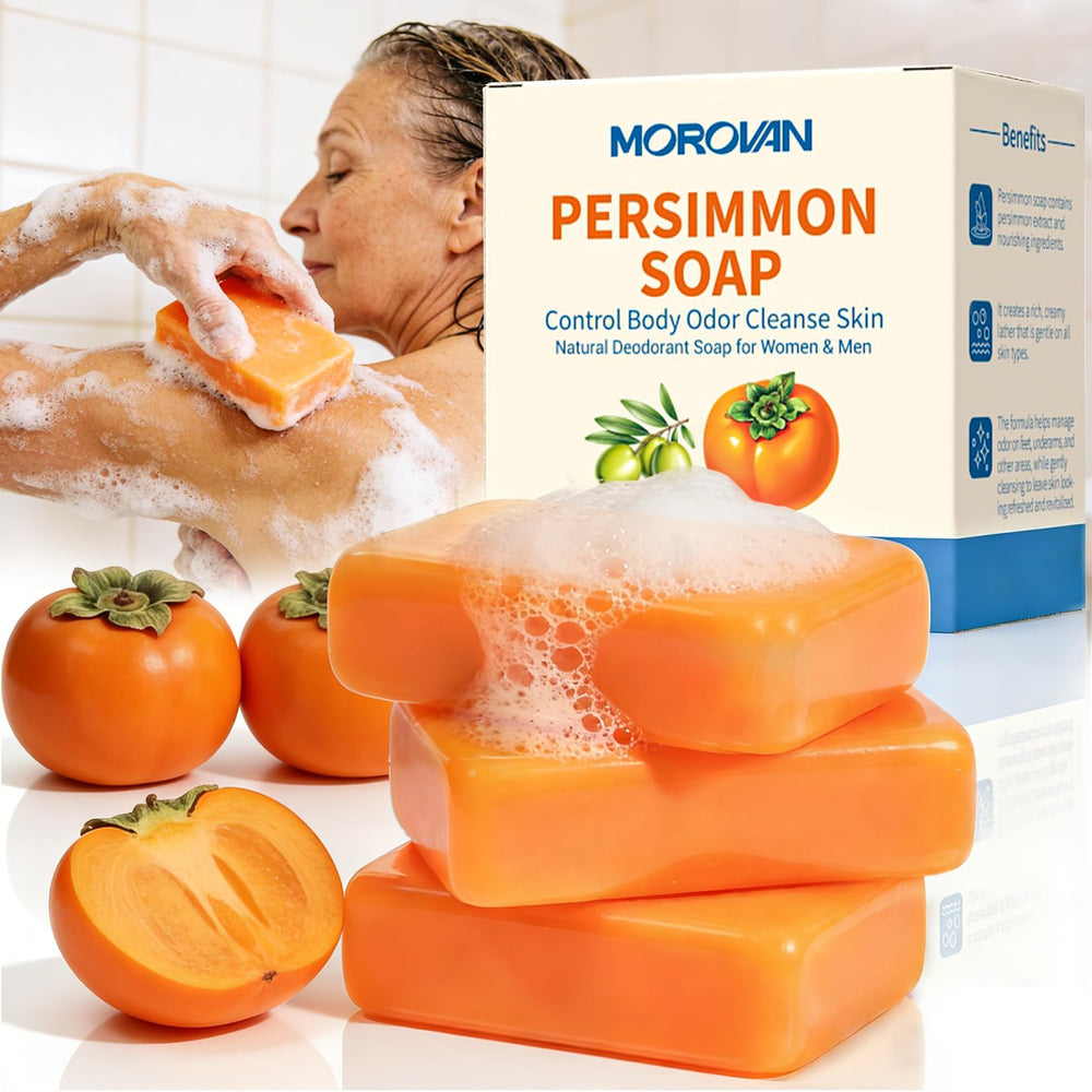 Morovan soap front packaging showing three bars and calming design benefit: clear odor control