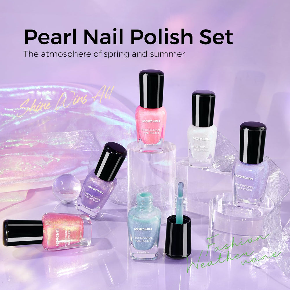 Morovan six shades lined up displaying pastel blue purple pink and champagne for versatile looks
