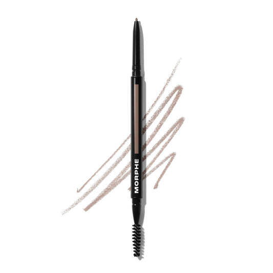 MORPHE front packaging of micro dual eyebrow pencil shows compact dual-ended design benefit portability
