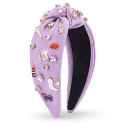 MOSOTECH front view purple headband showing knotted top and rhinestones for stylish hold