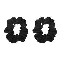 Motique Accessories front view of two black scrunchies showing shape and neat finish, easy styling