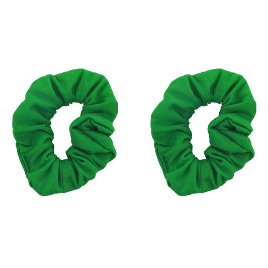 Motique Accessories front view of two solid green scrunchies showing color and shape for styling