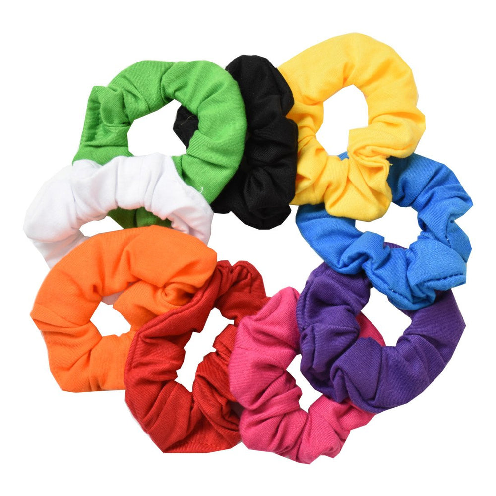 Motique Accessories front view of nine bright color scrunchies neatly arranged, shows variety and easy selection