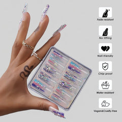 MqpQ press-on nail being applied demonstrating easy at-home salon results