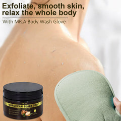 MR.A paste applied with exfoliating glove demonstrating effective dead skin removal
