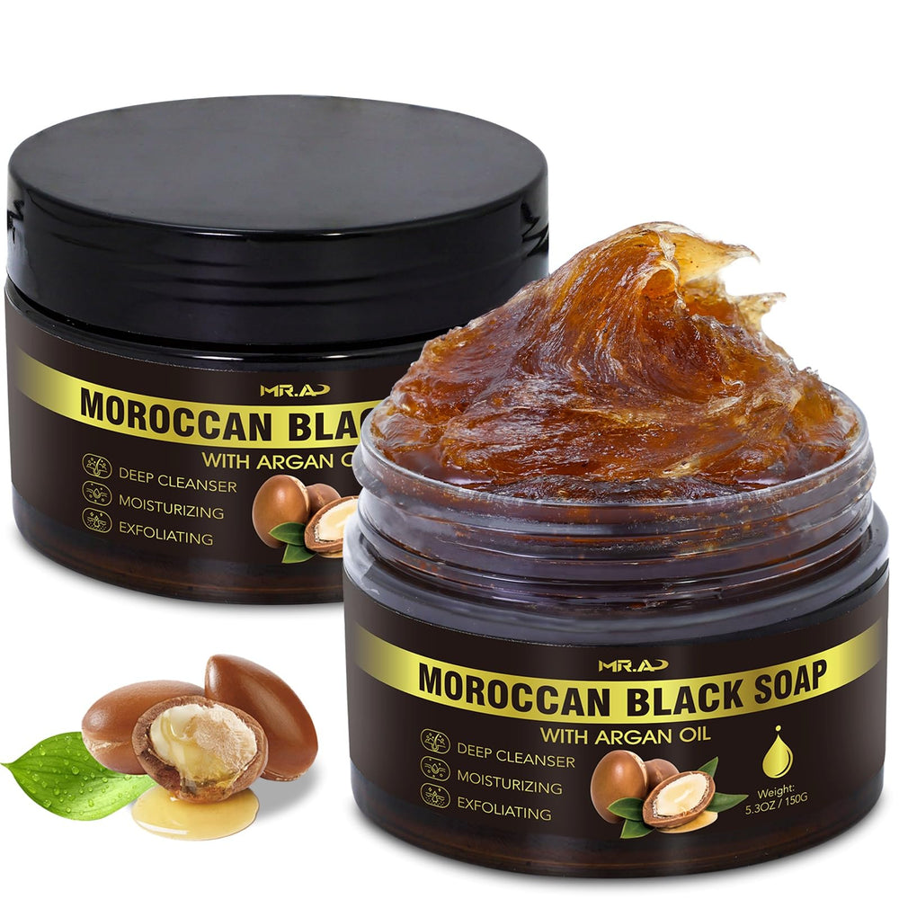 MR.A front packaging of Moroccan black soap showing unscented paste benefits