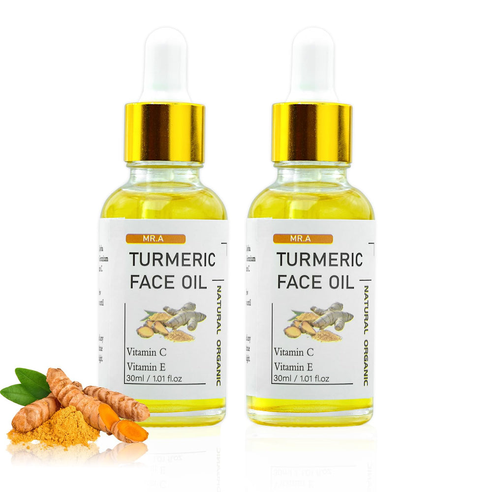 MR.A front packaging showing two turmeric oil bottles and benefits
