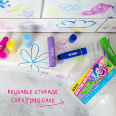 Vibrant colored streaks on bathtub from Mr. Bubble sticks, bright, washable color