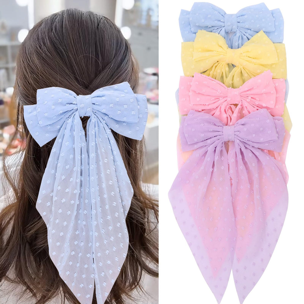 MRJ front view of four chiffon bow clips showing set and colors, stylish accessory