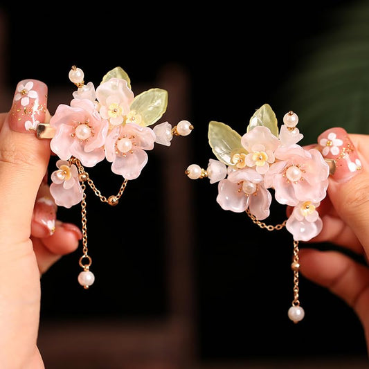MRKARL front view of pink Hanfu hair clips showing floral design and elegant finish