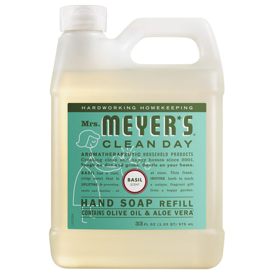 Mrs. Meyer's basil refill pouch front view showing brand and volume, convenience benefit