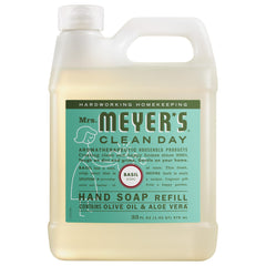 Mrs. Meyer's basil refill pouch front view showing brand and volume, convenience benefit