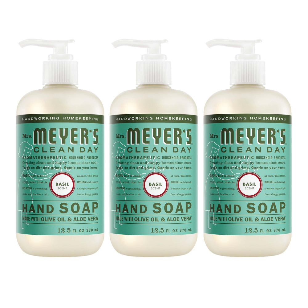 mrs. meyer's basil hand soap front packaging shows clean label and pump benefit