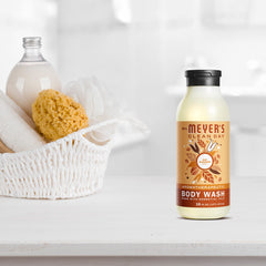 Mrs. Meyer's on a shower shelf in a bathroom setting suggesting a fresh daily routine