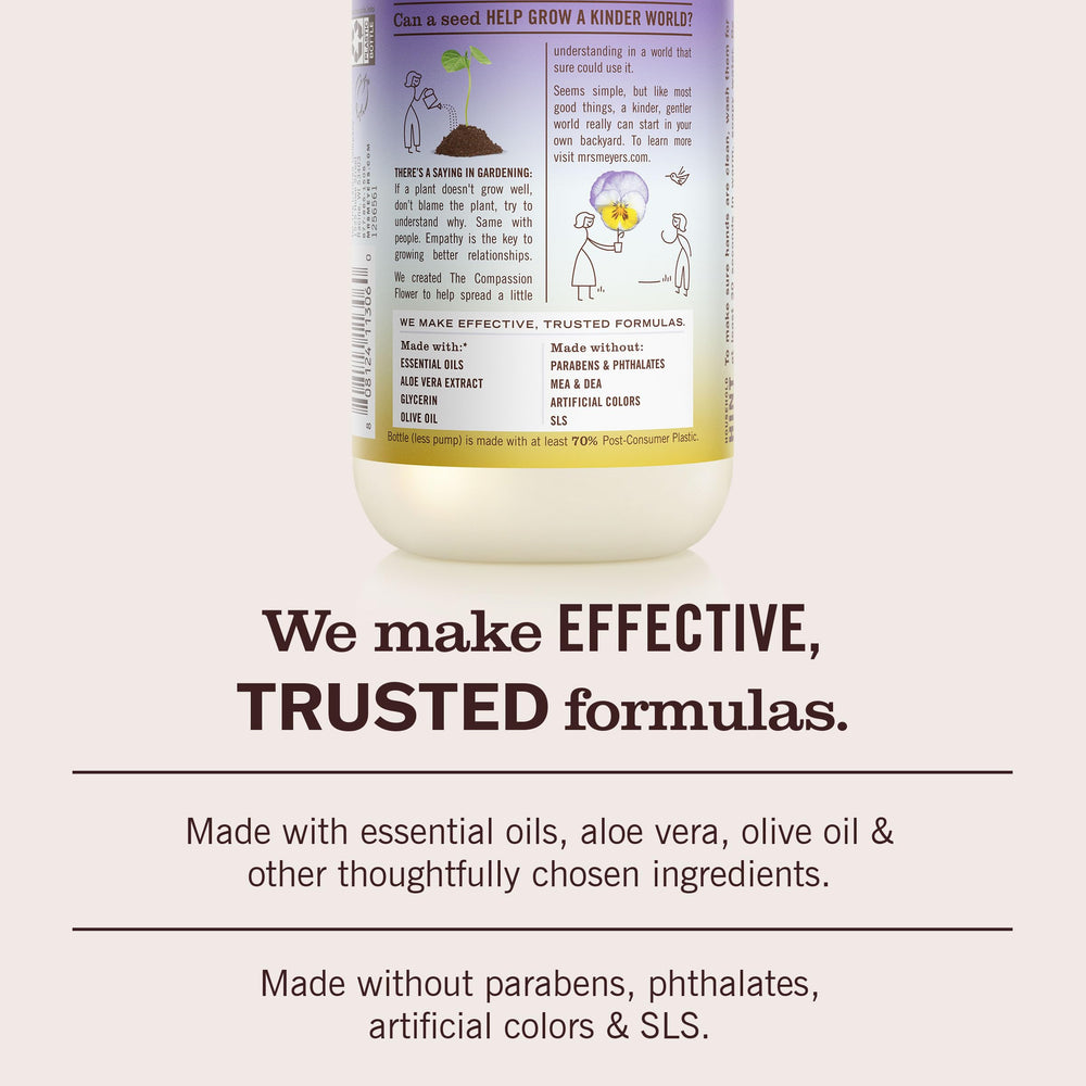 Mrs. Meyer's label ingredients panel on Compassion Flower bottle highlighting plant-derived formulation